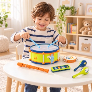 Set instrumente muzicale pentru copii cu toba, fluier, muzicuta, tamburina si maracas, multicolor, 3 ani+ - Img 3