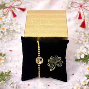 Set Lucky Breeze, cu brosa trifoi si bratara cu margele si cristale pe snur reglabil, in cutie eleganta, Negru