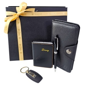 Set pentru barbati Business Kit, cu portofel lung, carnetel, breloc si pix, negru, in cutie eleganta