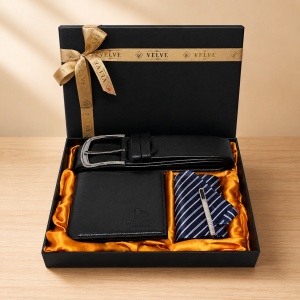 Set pentru barbati Diplomat Edition cu portofel si curea din piele ecologica neagra, cravata bleumarin si ac de cravata, in cutie eleganta - Img 5