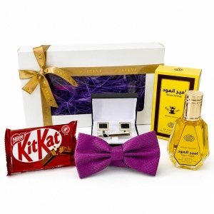 Set pentru barbati Imperial Violet Edition cu parfum arabesc Ameer Al Oudh 50 ml, papion mov, butoni, ac de cravata si ciocolata