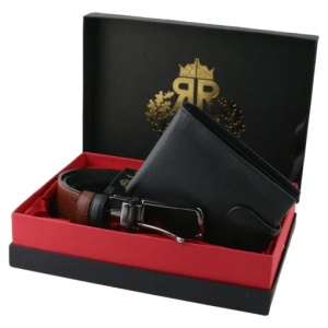 Set pentru barbati Regalo Reale, portofel negru și curea maro din piele, cutie eleganta - Img 2