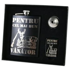 Set plosca "Pentru cel mai bun Vanator" cu palnie si bricheta, Negru
