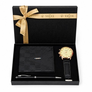 Set premium pentru barbati cu portofel negru din piele eco, ceas si pix, in cutie eleganta