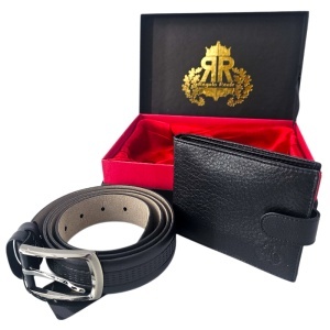 Set premium pentru barbati Regalo Reale, portofel și curea din piele, negru, in cutie eleganta