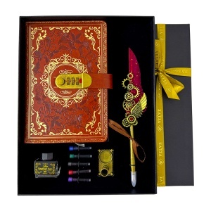 Set Regal Secret, agenda/jurnal inchidere cifru, stilou cu pana si suport, calimara si rezerve cerneala, Maro-Caramiziu
