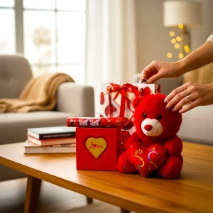 Set romantic cu ursulet de plus rosu, lantisor cu pandantiv inima, 3 trandafiri rosii de sapun si praline, in punga de cadou - Img 3
