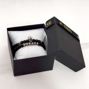 Set Royal pentru barbati, doua bratari cu pietre semipretioase si cristale zirconiu, ambalate in cutie neagra cu pernuta, Negru/Silver - Img 5