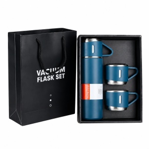 Set termos inox 500 ml cu 3 cani, pereti dubli, mentinere temperatura pana la 12 ore, albastru