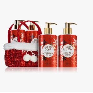 Set Vivian Gray Red Glitters X-Ma, in cosulet textil imprimeu sarbatori, cu Sapun lichid crema 250 ml si Crema de maini 250 ml