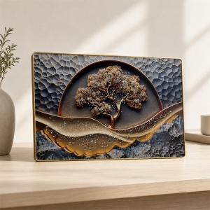 Tablou decorativ Copacul vietii abstract in relief cu aplicatii cristale, in rama aurie, 60x40 cm - Img 3