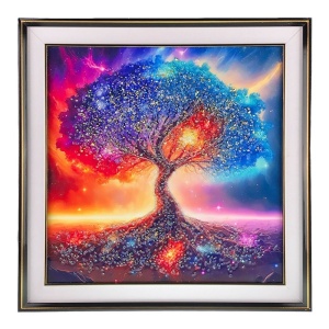 Tablou decorativ maxi Galactic Tree of Life cu efect realist, in rama aurie, 72x72 cm