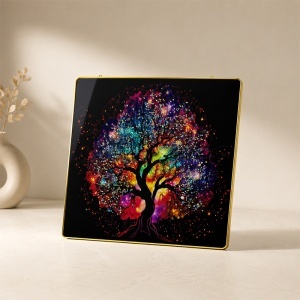 Tablou decorativ modern Copacul Vietii Multicolor 3D in relief, cu cristale, rama aurie, 40x40 cm - Img 5