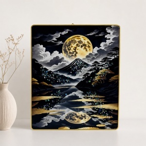 Tablou decorativ modern Muntele Fuji si Luna Plina 3D in relief, cu cristale, rama aurie, 40x30 cm - Img 4