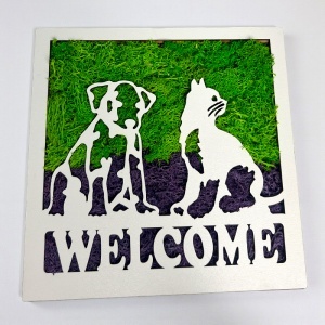 Tablou decorativ Welcome cu licheni stabilizați și siluete de animale, 20x20 cm, Verde - Img 5