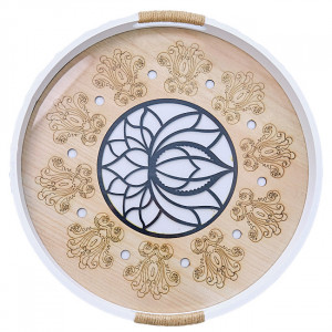 Tava Lotus, din lemn cu baza din sticla si model traditional asiatic, 35cm