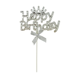 Topper Happy Birthday cu coroana, strasuri si fundita, argintiu