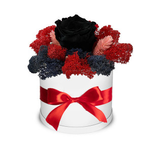 Trandafir criogenat Autum Vibes decorat in cutie alba cu licheni naturali stabilizati Negru