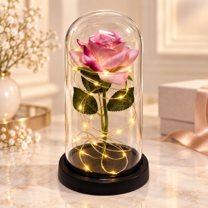 Trandafir decorativ cu LED, in cupola transparenta, 20 cm, in cutie cadou, Roz - Img 2