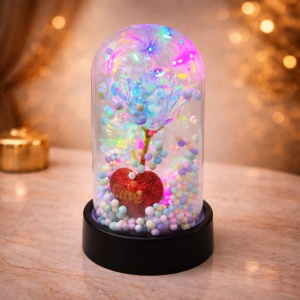 Trandafir transparent Bubble Tea in Love in Cupola Sticla, cu LED si elemente Valentine's Day in cutie eleganta, Argintiu