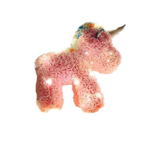 Unicorn Floral roz din Trandafiri de spuma 40 cm, ambalat in cutie, cu LED de lumini