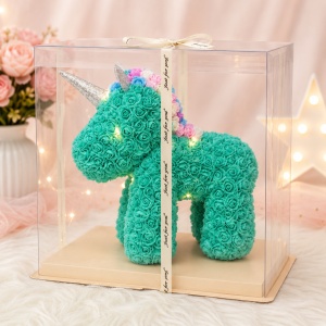 Unicorn floral turcoaz din trandafiri de spuma cu LED-uri, in cutie transparenta, 40 cm - Img 3