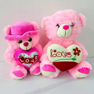 Ursulet de plus BUBU, cu inimioara si imprimeu Flower cu text "LOVE", inaltime 28 cm, Roz - Img 6