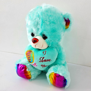 Ursulet de plus BUBU, cu inimioara si imprimeu Lollipop si text "I Love You", inaltime 30 cm, Turquoise 1