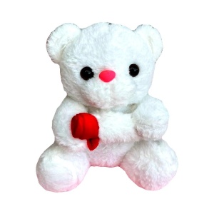 Ursulet de pluș Mimo, decorat cu trandafir plușat rosu, Inaltime 25 cm, Alb