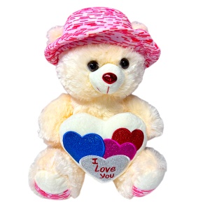 Ursulet de plus Pudding, cu palarie satinata si inimioara imprimata "I Love You", inaltime 33 cm, Alb - Img 3