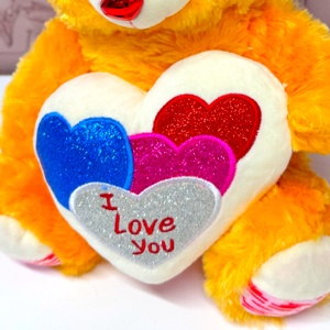 Ursulet de plus Pudding, cu palarie satinata si inimioara imprimata "I Love You", inaltime 33 cm, Portocaliu - Img 3