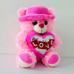 Ursulet de plus Pudding, palarie cu bentita asortata si inimioara imprimata "Love", inaltime 30 cm, Roz 1