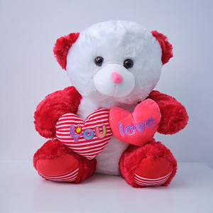 Ursulet de plus Twinkle, cu doua inimioare, in doua culori, inaltime 37 cm, Alb - Rosu