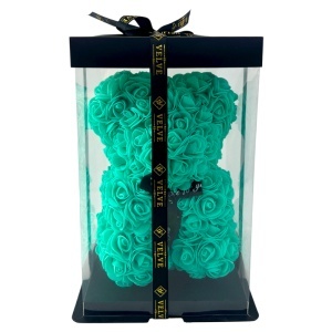 Ursulet din trandafiri spuma, turcoaz, 25 cm, in cutie transparenta eleganta