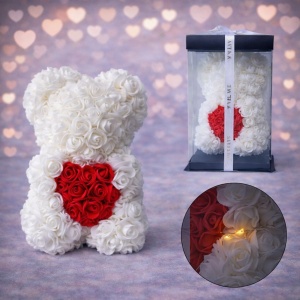 Ursulet floral 25 cm, cu LED-uri luminoase, din trandafiri spuma crem cu inima rosie, in cutie cadou