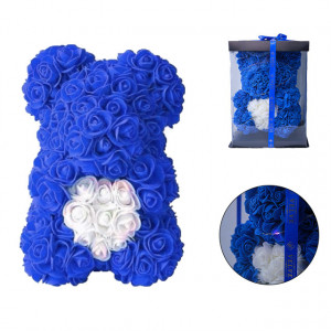 Ursulet floral 30 cm, cu led de lumini, din trandafiri spuma albastrucu inima alba, in cutie cadou