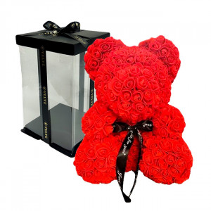 Ursulet floral cu trandafiri din spuma, 25 cm, decorat manual, cutie cadou, Rosu