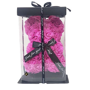 Ursulet floral din Trandafiri 25 cm, decorat manual, cutie cadou, roz aprins