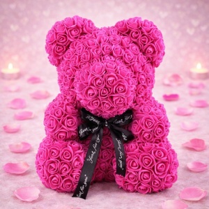 Ursulet floral roz magenta din Trandafiri 40 cm, decorat manual, cutie cadou