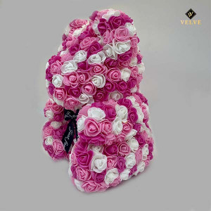 Ursulet Floral Triple color din Trandafiri spuma, 40 cm, roz- alb-fucsia, in cutie cadou