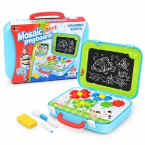 Valiza creativa 2 in 1 cu tabla de desen si joc mozaic, 47 piese, 8 planse duble si accesorii, albastru, 3+ ani - Img 2
