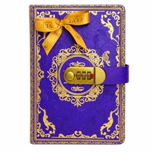 Agenda secreta A5 cu cifru, coperta din piele ecologica si pagini liniate, albastru regal cu ornamente aurii