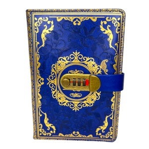 Agenda Vintage Elegance, din piele ecologica, cu cifru numeric, Albastru-Auriu, 22x15 cm