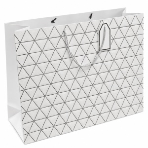 Ambalaj pentru cadouri, punga mare cu model geometric si manere din snur, 50 x 40 x 15 cm, Alb-negru