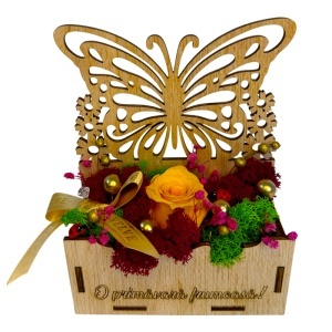 Aranjament floral „Primavara frumoasa”, trandafir criogenat și licheni stabilizați, in suport decorativ din lemn - Img 4
