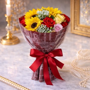 Aranjament Floral Buchet din trandafiri de sapun si floarea soarelui, rosu
