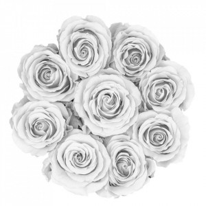 Aranjament floral cu 9 trandafiri de sapun, in cutie neagra rotunda, alb