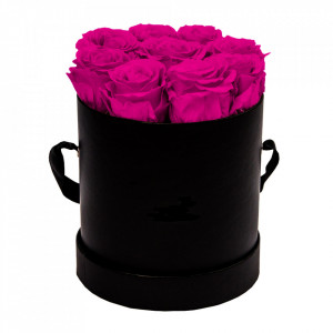Aranjament floral cu 9 trandafiri de sapun, in cutie neagra rotunda, fucsia