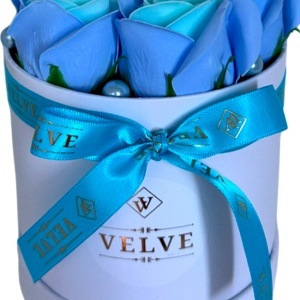 Aranjament floral Glamour Double Color, cutie rotunda cu 7 trandafiri sapun in doua culori, Blue - Img 5