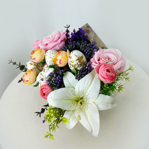Aranjament floral Happy Eggs cu oua decorative si flori artificiale, 25 cm - Img 6
